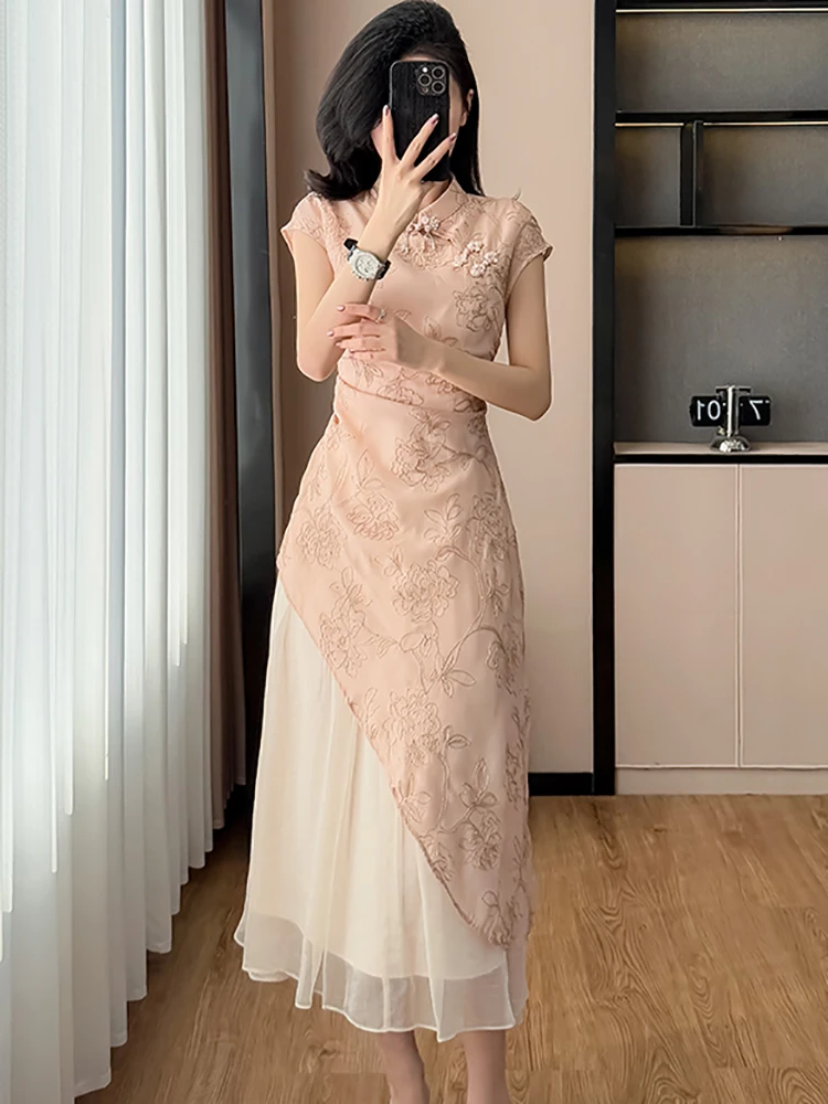 Été rose broderie florale Patchwork à volants longue robe femmes coréenne élégante robe de luxe robe 2025 nouvelle robe de soirée moulante