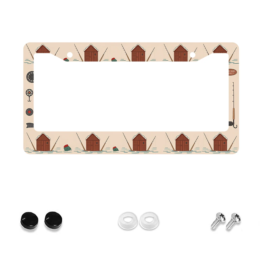 

1pc Beige 2-Hole License Plate Frame with Fishing Hut Pattern, Aluminum Material, 6x12 Inches, Includes Screw Set, Retro Novelt