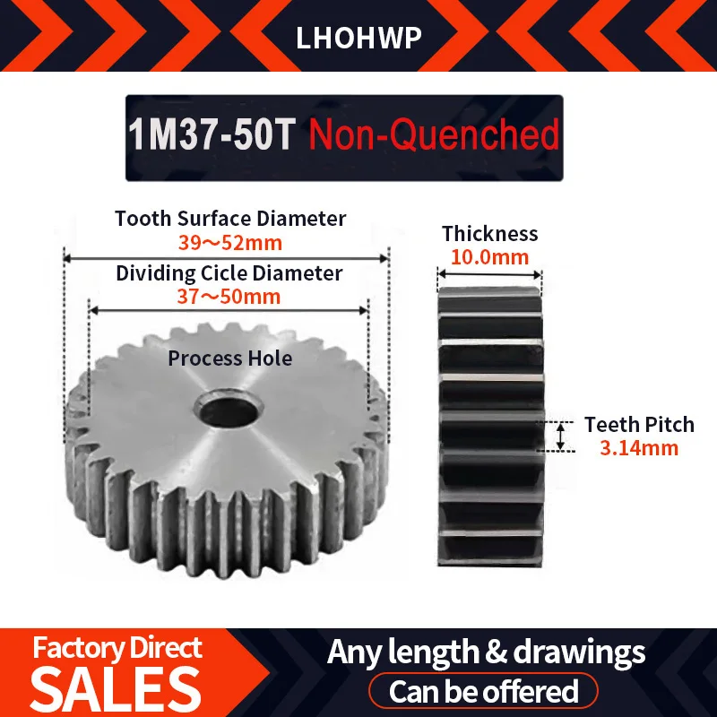 Spur Gear 1PC 1M37/38/40/41/42/43/44/45/46/47/49T Flat Gear Precision Machinery Industrial 45 Steel Gear