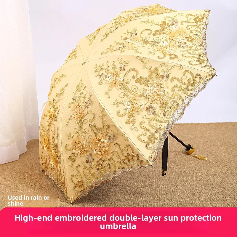 

Embroidered Princess Umbrella Vinyl Parasol Sun Umbrella Triple Folding Sun Umbrella Women Sun Protection and UV Protection