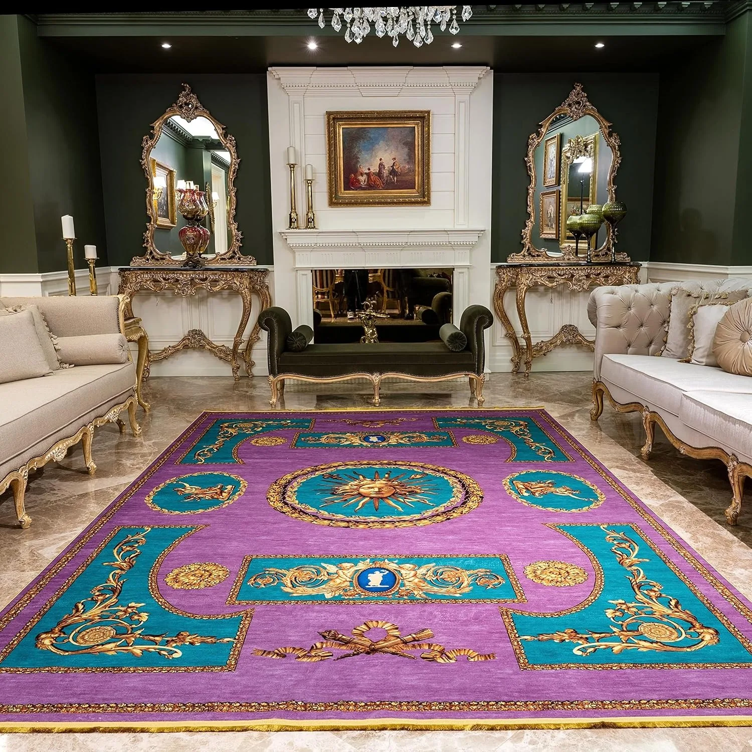 Living Room Carpet Machine Washable Non-slip Luxury Vintage Purple Medal Floor Mat Bedroom Bedside Rug Long Size Home Decor Rugs
