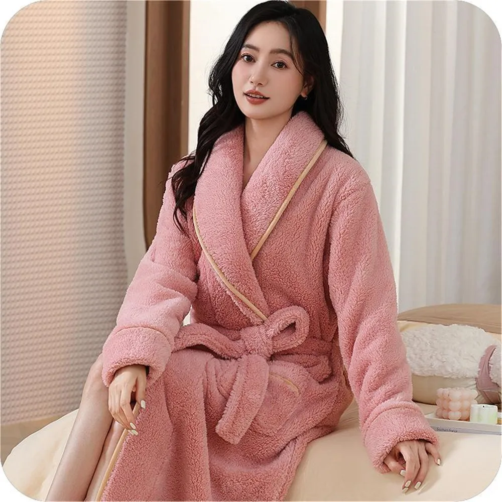 Thickened Flannel Sleepwear Robe Long Kimono Bathrobe Loose Coral Fleece Home Lounge Wear