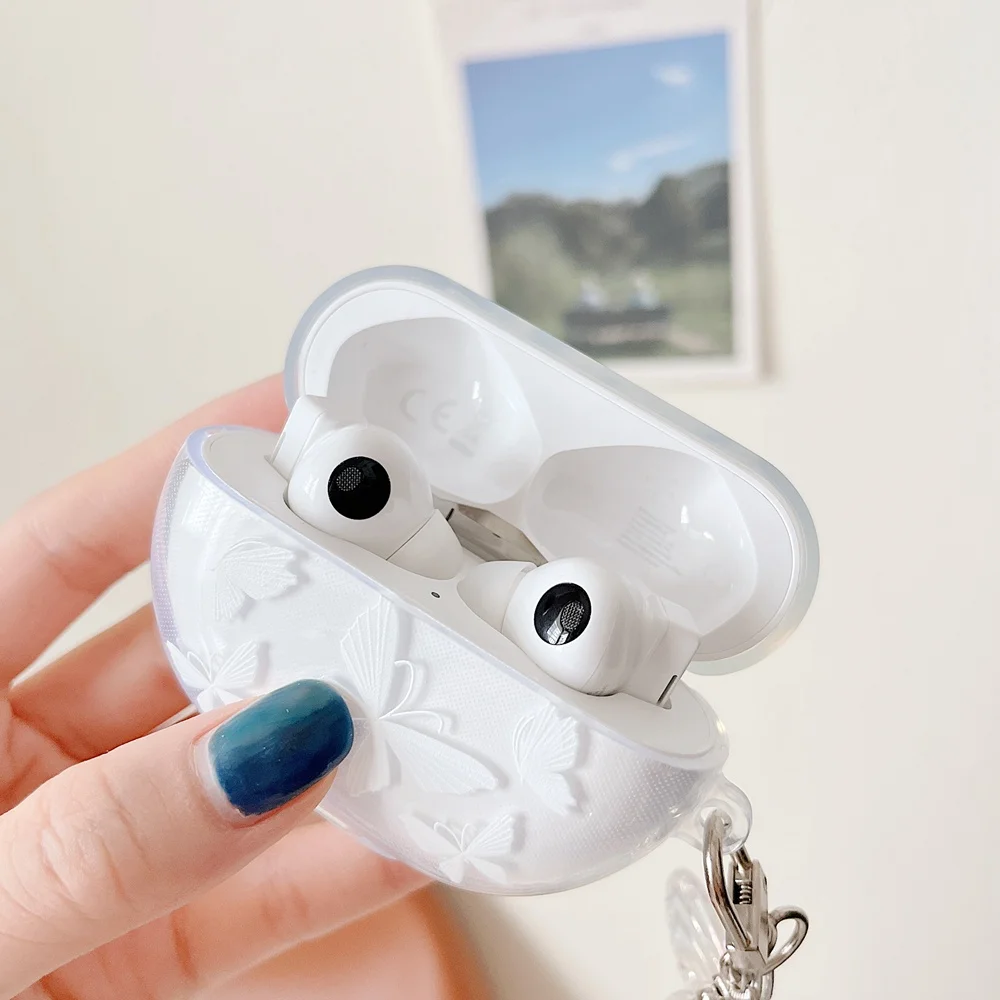 Cute Butterfly Funda for Huawei Freebuds Pro Case Soft Clear Earphone Accessorie Cover Freebuds 5i 4i 4 Case Pendant Pearl Chain