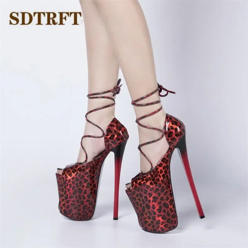 

SDTRFT Leopard Print Cross Strap Platforms Sandals 22cm Thin Heels Sexy Peep Toe Pumps Women Shallow Mouth Party Shoes Big Size