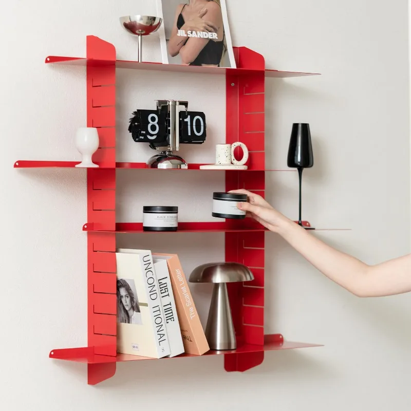 Creative Red Wall Shelf Modular Floating Display System Adjustable Metal Magazine Rack for Home Minimalist Storage Solution