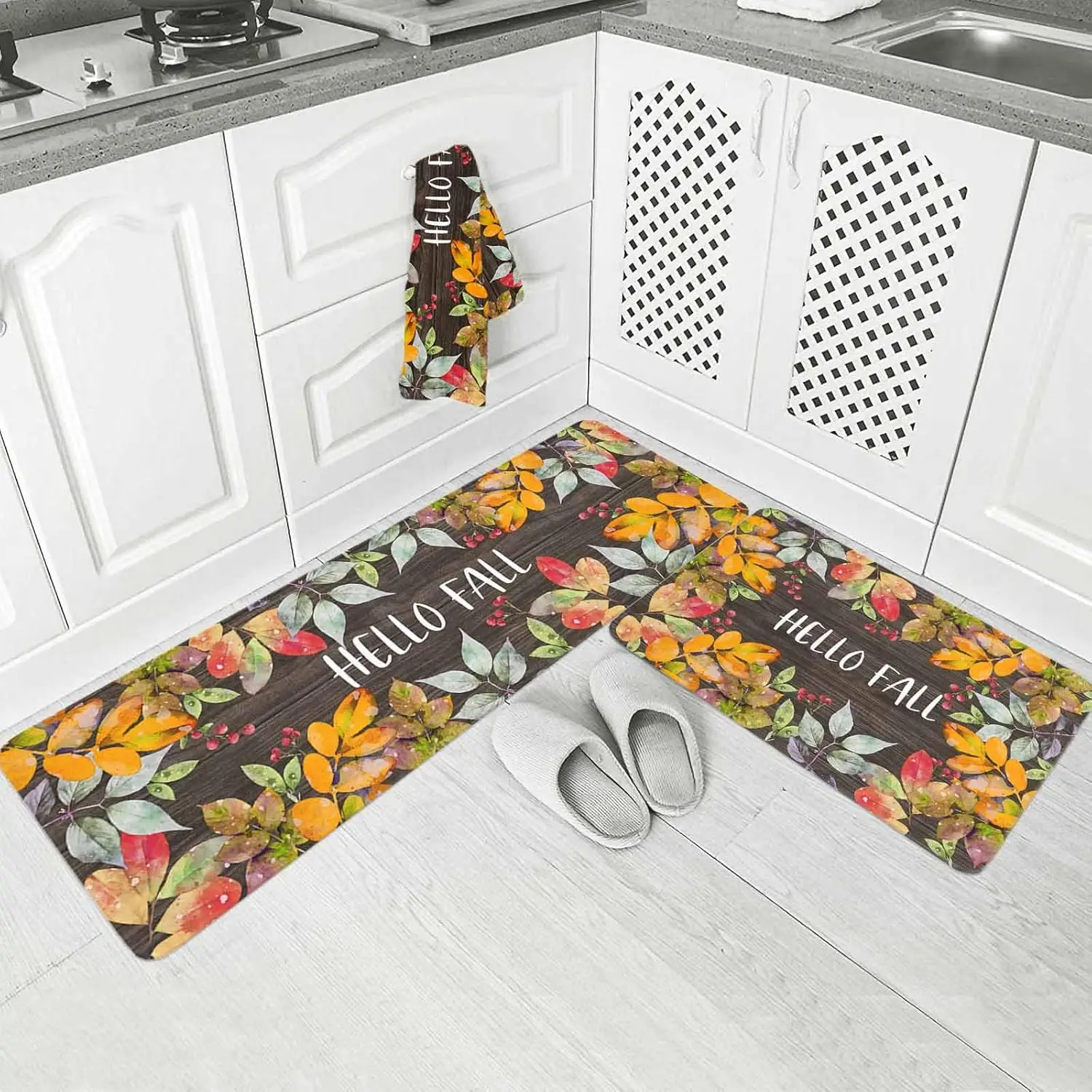 Hello Fall Leaf Wood Grain Kitchen Mat Home Decor Non-Slip Corridor Balcony Rugs Bedroom Bedside Floor Mat Bathroom Door Mat