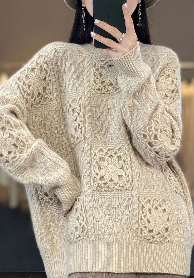 TEELYNN Autumn Winter Loose Knit Pullover for Women Sweaters Tops 100% Cashmere Handmade Floral Sweater Long Sleeve Boho Jumper