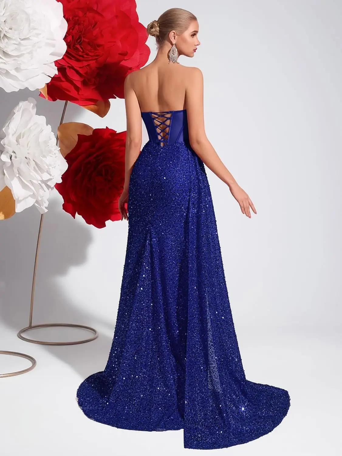 Vestidos de baile de sereia com lantejoulas brilhantes, espartilho longo sem alças, vestidos de noite formais com fenda