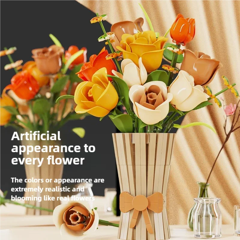 868PCS Rose Bouquet Building Blocks Eternal Flower Vase Model Bricks Desktop Decoration Young DIY Toys Girl Romantic Gifts
