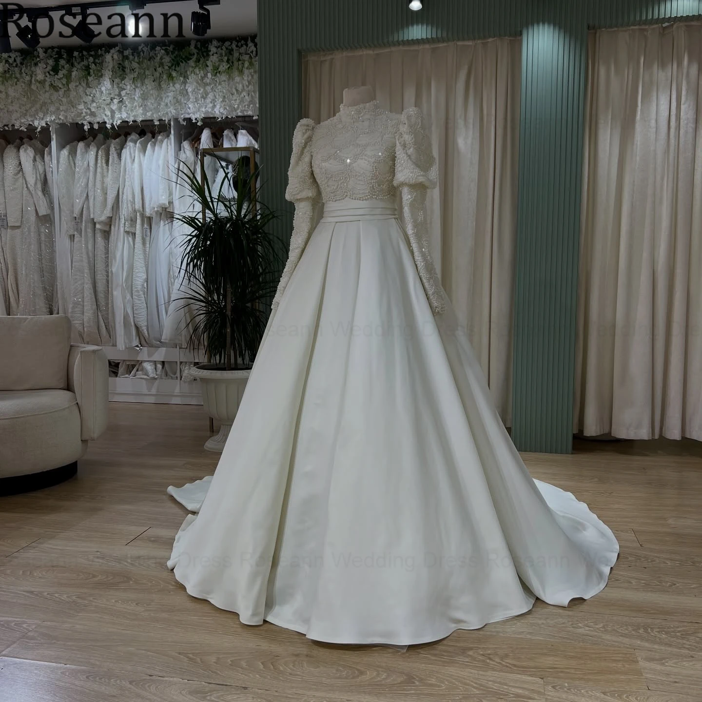 Roseann Wedding Dress Modest Muslim High Neck Puff Long Sleeve Satin vestido de novia Beaded Sweep Train Bridal Gown Customized