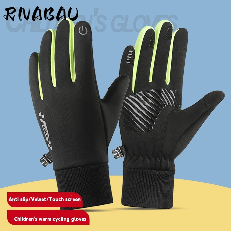 

RNABAU Winter Road Cycling Long Finger Gloves Non-Slip Waterproof Windproof Keep Warm Touch Screen Bicycle Gloves for Boy Girls