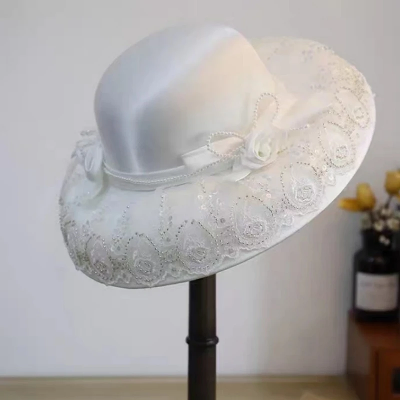 Chapeau haut de forme rétro en dentelle pour femme, élégant, accessoires de fête de mariage, baptême, dame