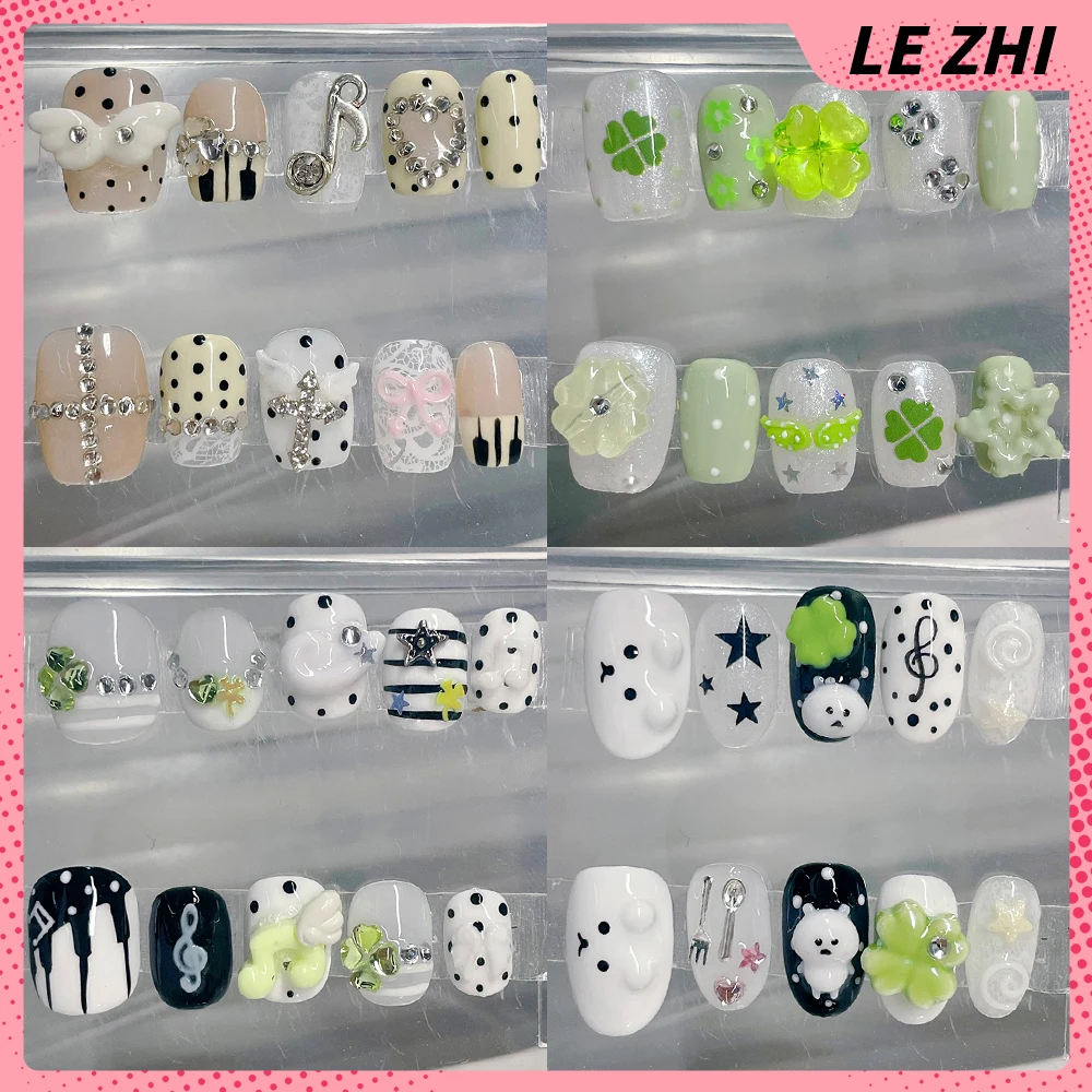 

Kawaii Cartoon Bear Wings Four-Leaf Clover Handmade Press On Nails Musical Notes Diamond Stars Polka Point Fake Nails Gift