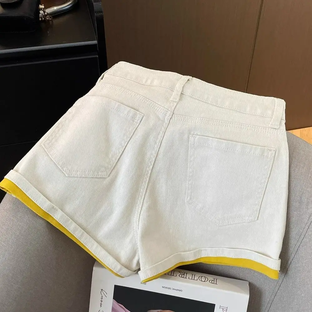 Femme Trend Pantaloncini a vita alta patchwork sexy Estate 2025 Nuovi jeans Abbigliamento donna Pantaloni a gamba larga con tasca sottile con cerniera all-match