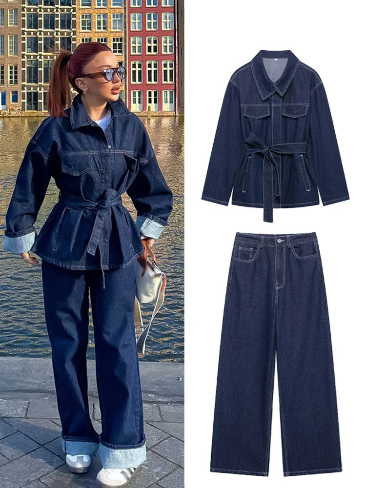 

TRAFZA женская мода с поясом и лацканами, однобортный дизайн с карманами, куртка, пальто + шикарная молния с высокой талией, тонкий джинсовый костюм с широкими штанинами