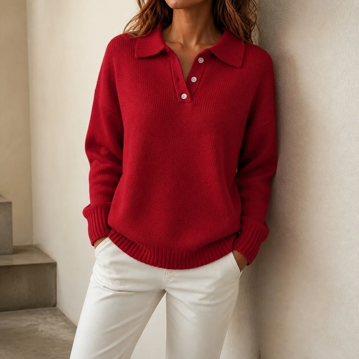 Long Sleeve Loose Fit Top Regular Length Japanese Korean Casual with Medium Weight Button V Neck Pullover Winter Women T Shirt