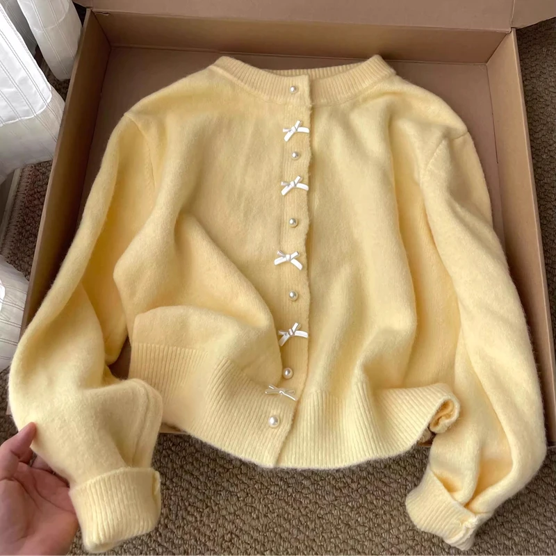 Women's Sweater Cardigan Gentle Long Sleeve Pearl Button Tops Autumn Winter Casual O-Neck Korean Sweet Bow Yellow Knitted Coat