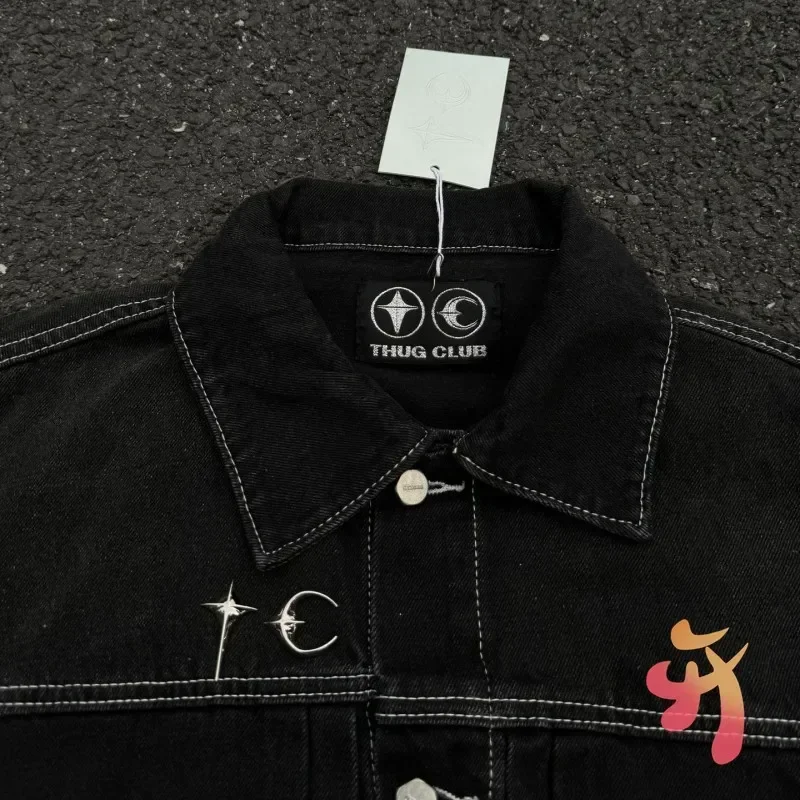 24ss Fashion Street Cleanfit Thug Club Jacket Metal Stars Moons Logo Embroidered Tassel Pocket Black Denim Coats Men Women