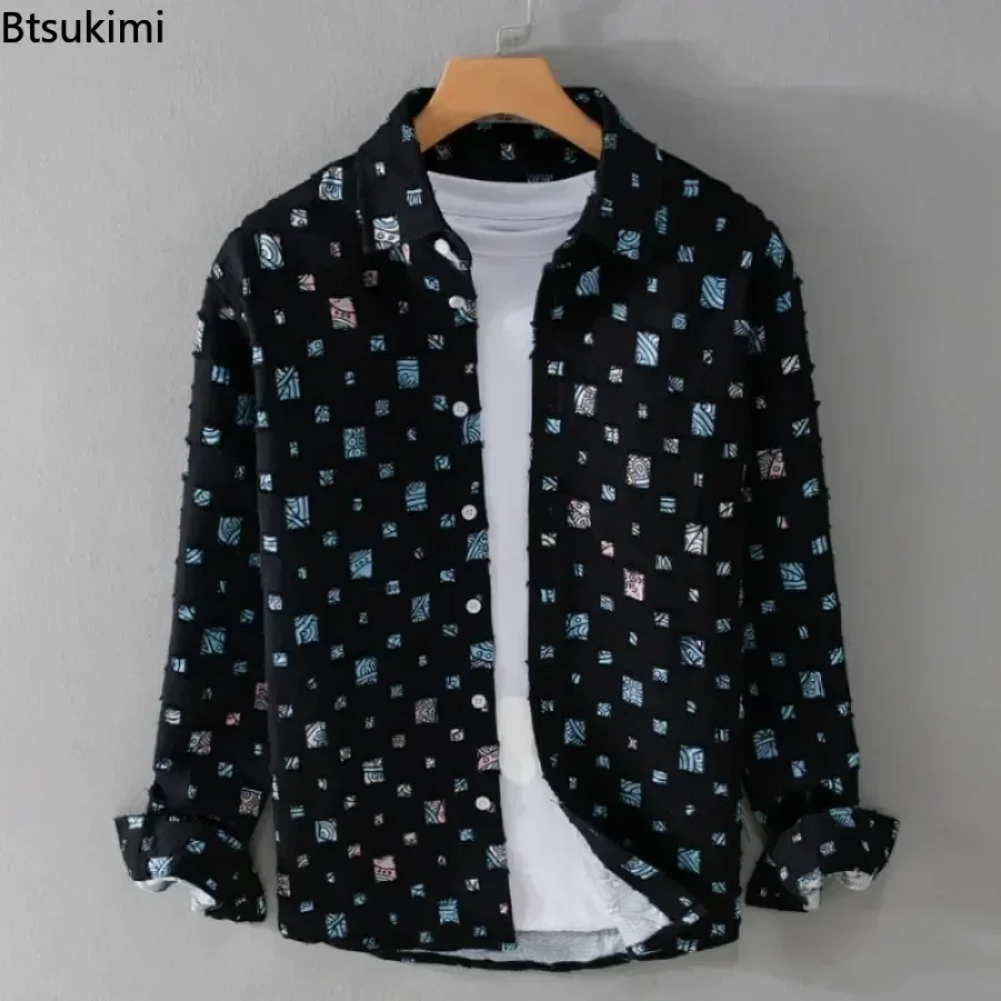 2026 New Men\'s Plaid Contrasting Color Hole Shirt Coats Vintage 100% Cotton Long-sleeved Loose Casual Blouse Fashion Men Clothes