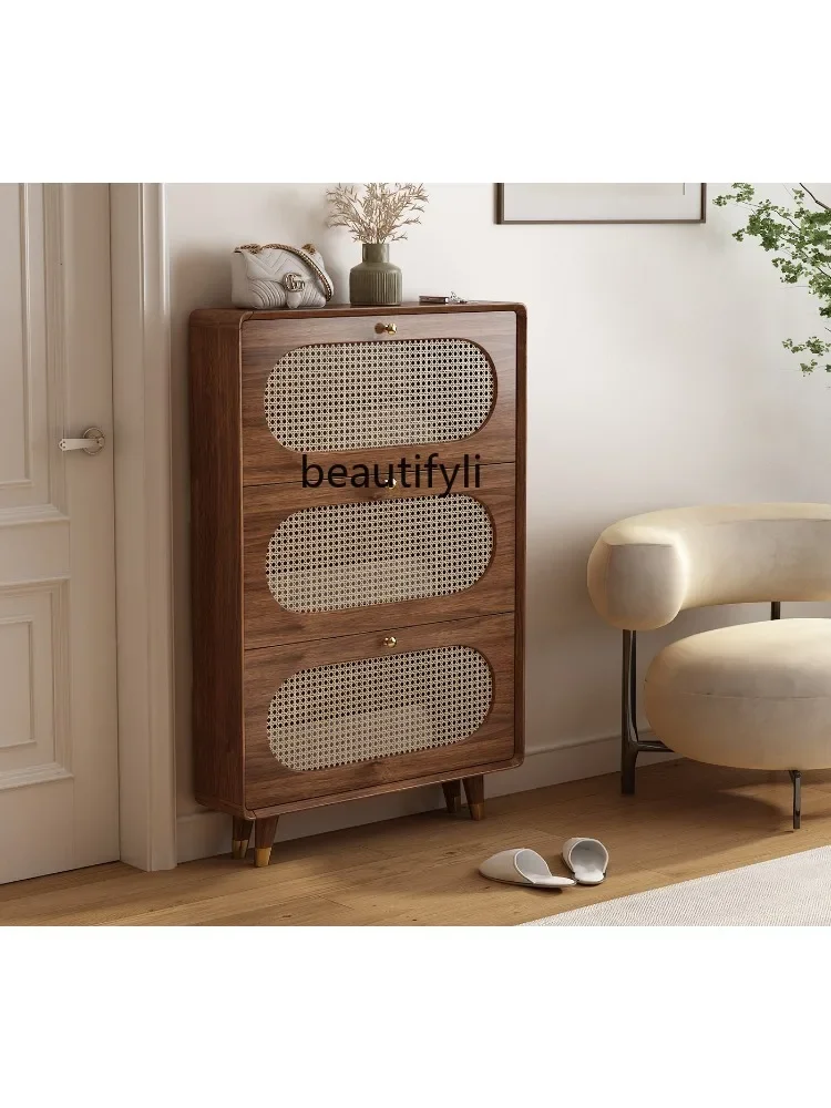 

Tilting Shoe Cabinet Ultra-Thin Home Doorway Vintage Rattan Entrance Cabinet Antique Style New Narrow Cabinet furniture