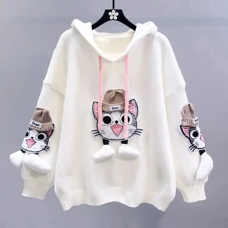 Hsa Cartoon Cat Hooded Sweater for Women Autumn and Winter Loose Outerwear Design Sweet Korean Style Knitted Coat