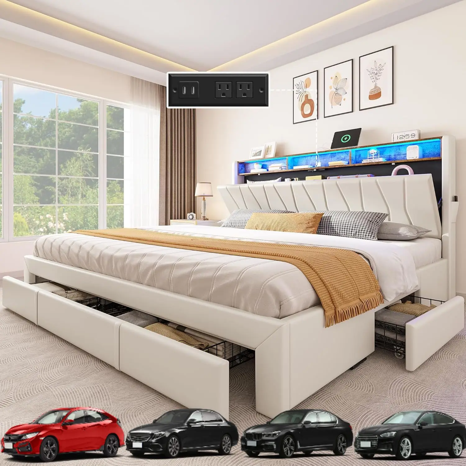 

Каркас кровати YITAHOME King Size, Каркас кровати для хранения вещей с 4 ящиками и светодиодной подсветкой, Кровать-платформа с мягким изголовьем для хранения вещей и