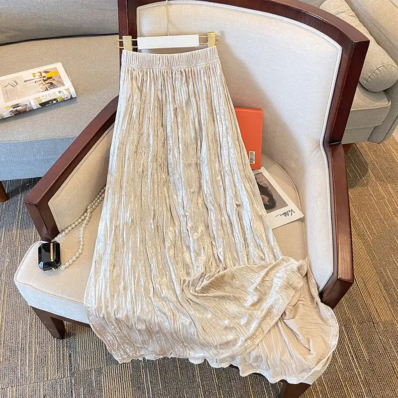 Fashion Suit Pleated Skirt Women 2024 Elastic High Waist Long Skirts Woman Preppy Style A Line Golden Velvet Skirt Female C16