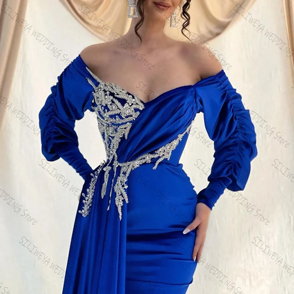 Elegant Royal Blue Mermaid Off Shoulder Evening Dresses V-Neck Decal Beaded Long Sleeve Arab Dubai Prom Gown