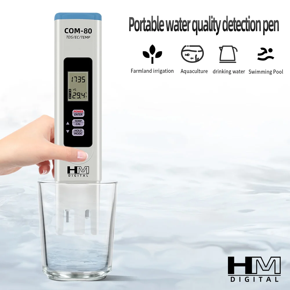 HM Digital 3 in 1 Water Quality Tester Portable TDS EC Temp Meter COM-80 Hydrotester Water Test Pen for Aquaclture Laboratory