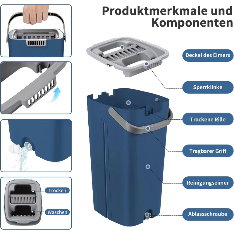 

Bucket mop set with 2 mop pads and 121 cm stainless steel handle with wiping function for hardwood, laminate tiles