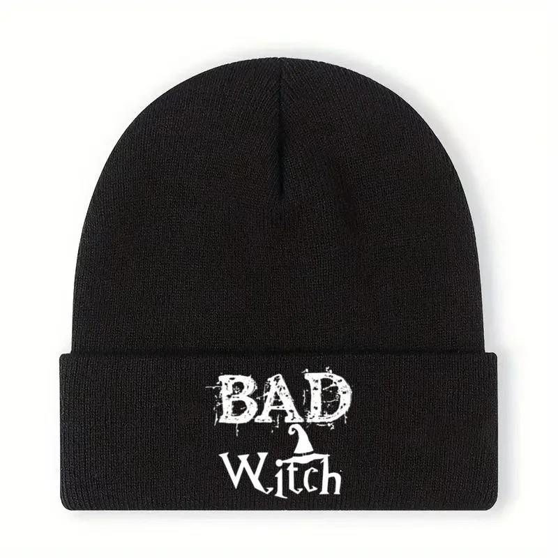 Bad Witch Print Black Knit Beanie Unisex Winter Warm Hat for Halloween Holiday Casual Wear