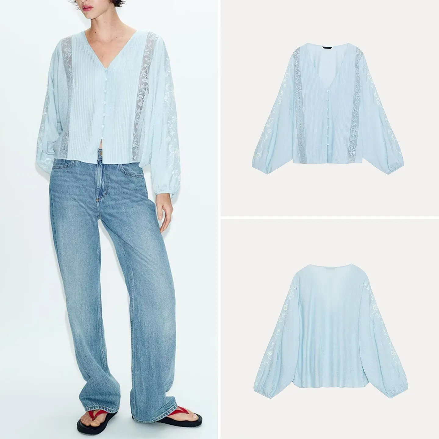 

Женская свободная блузка с длинным рукавом, V-образным вырезом, вышивкой и цветовыми блоками, весна 2026, модная повседневная удобная блузка