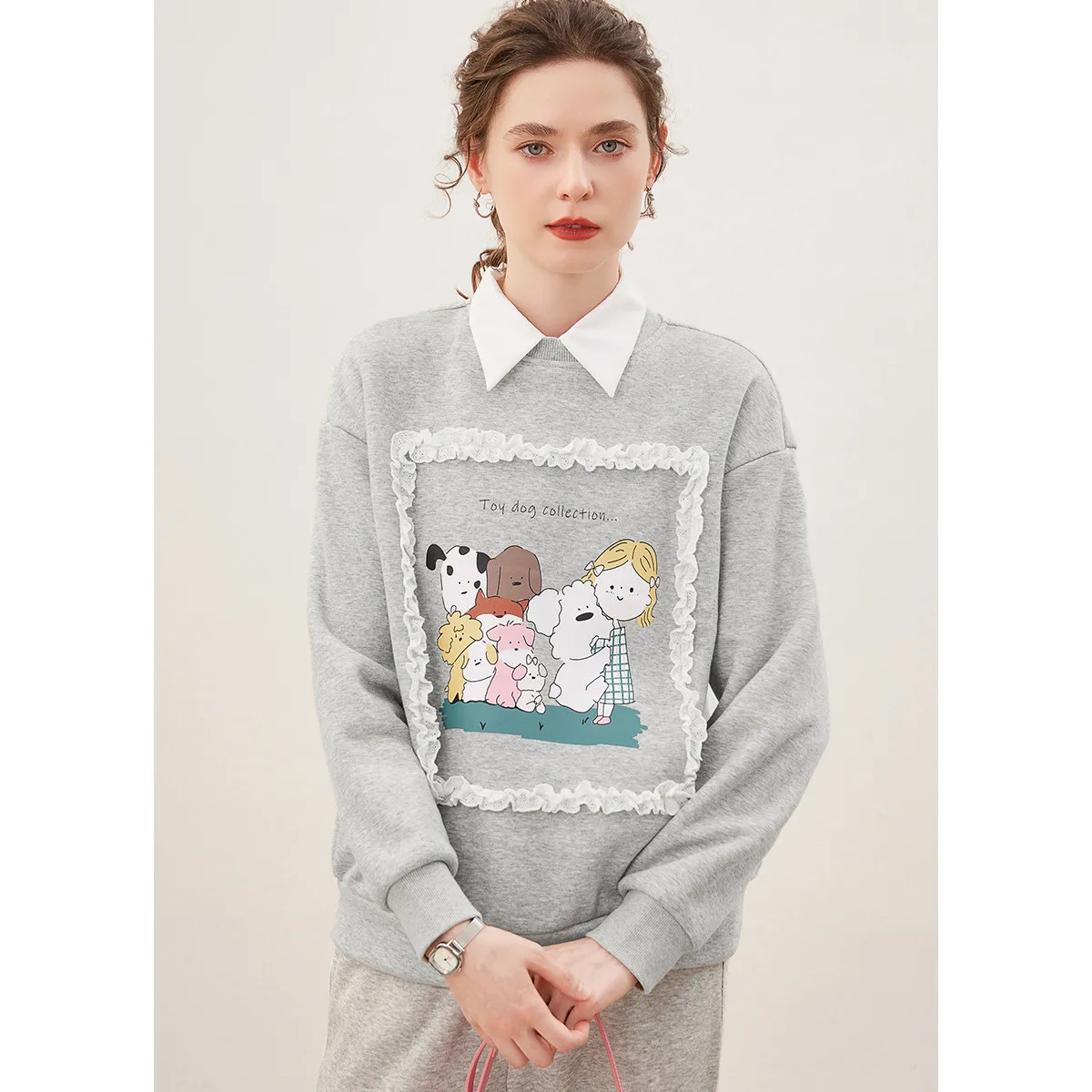 LOUIS YAO 2025 Winter Thick Velvet Printed Winter Edition Loose Off Shoulder Sleeves Micro Elastic Round Neck Women's Hoodie