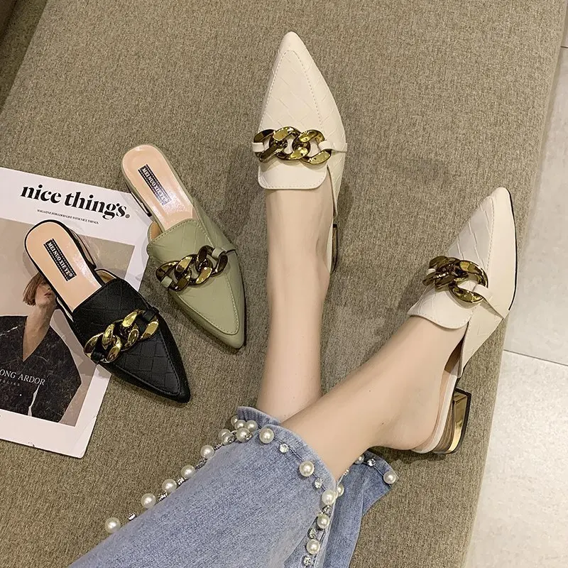 Low Slippers Casual Female Shoes Square heel Pointed Toe Mules For Women 2024 Rivet Shallow Slides Luxury New Block Cover Soft H