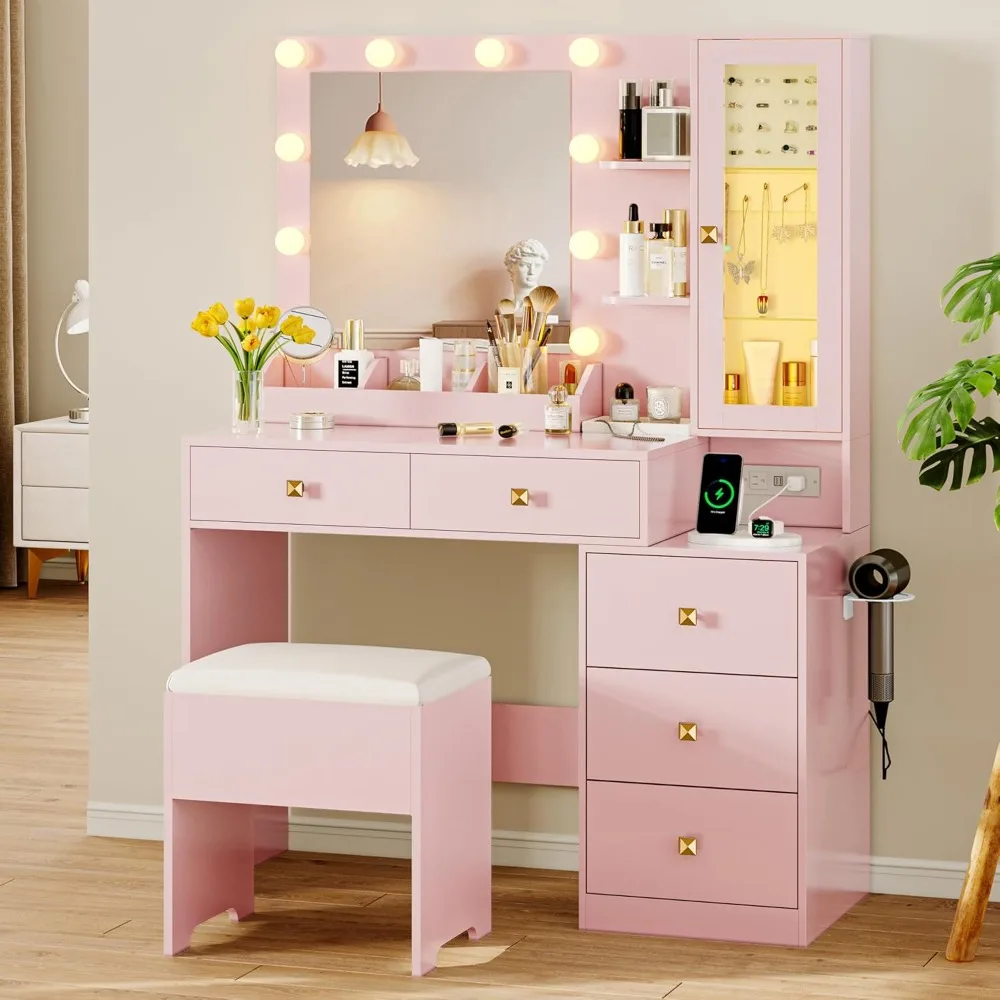 Vanity Desk with Mirror and Lights Makeup Vanity Table Set with 5 Storage Drawers Small Dressing Table with RGB Ambient Light