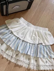 Japanese Kawaii Print Striped Skirt Women Fashion Cute Loose Elastic Waist Short Skirts Female Sweet Lace Patchwork Skirt New