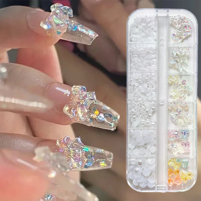 12 Griglie Aurora Mini 3D Nail Art Farfalla Perla Pendenti e Ciondoli Accessori Resina Bowknot Per Unghie Decorazioni Manicure Decor Forniture