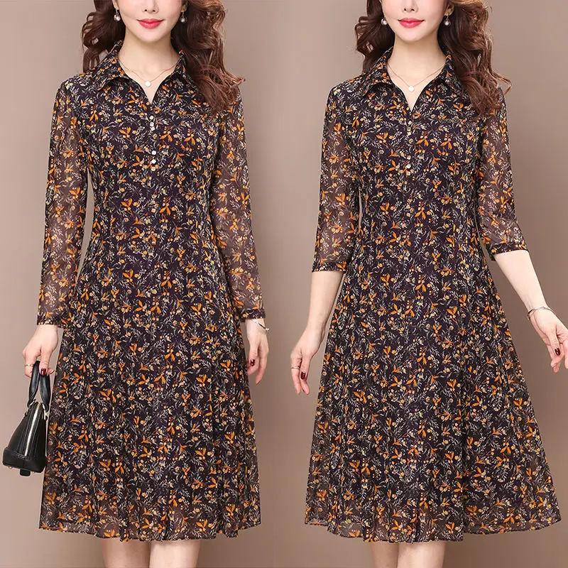 Langarm Kleid Frauen Blumen druck elegante Turndown Kragen Sommer weibliche Kleidung schlanke All-Match lässig Knopf Midi Kleid Robe