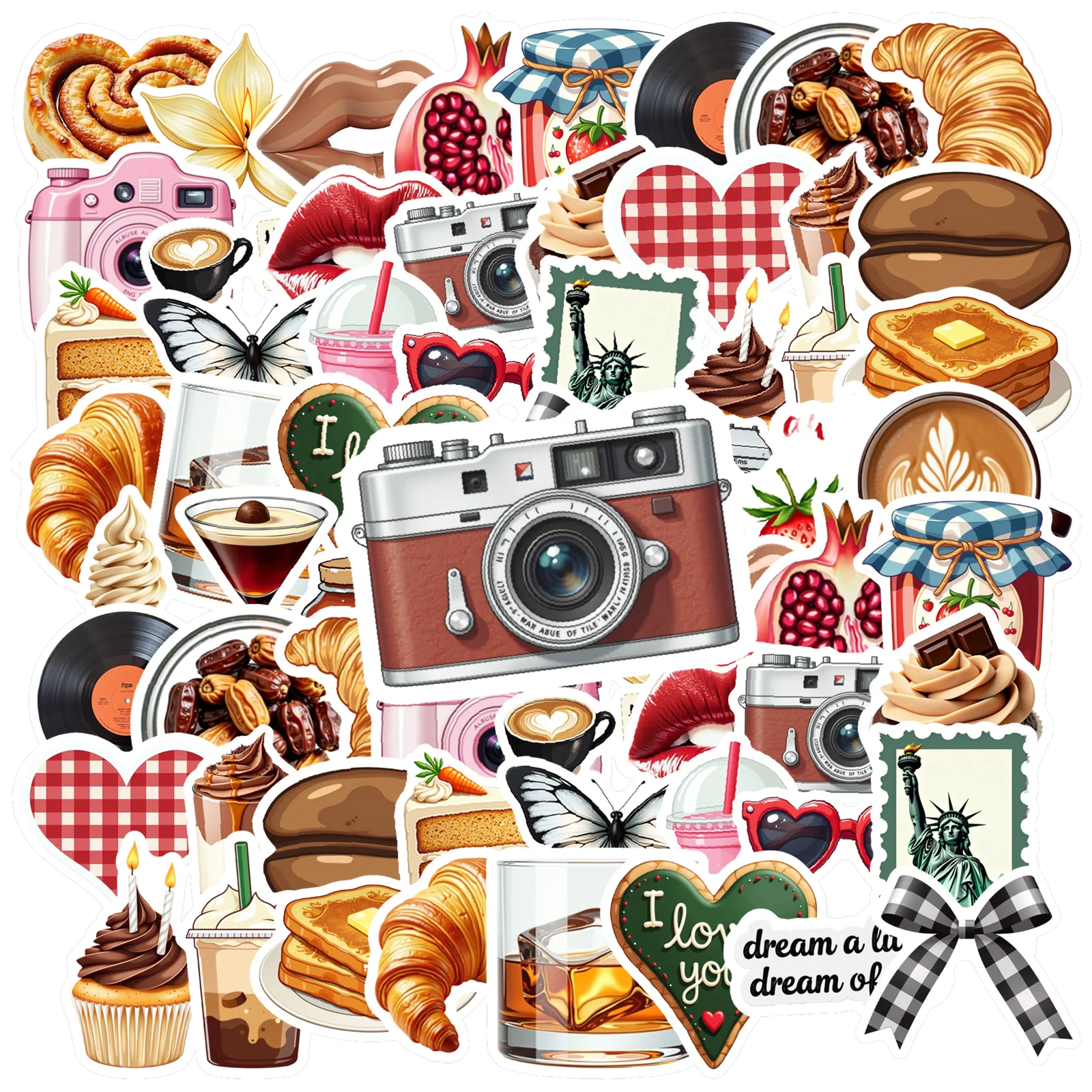 35pcs American Vintage Food Camera Stickers Y2k Aesthetic Stationery Stickers Scrapbooking Material For Laptop Luggage Book Deco