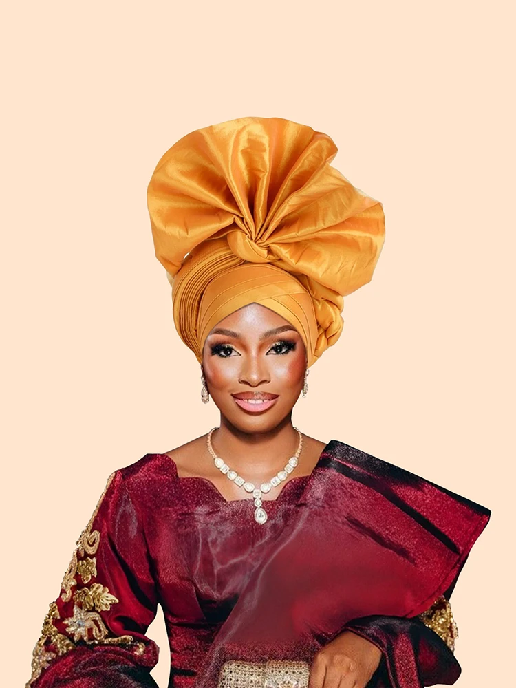 Hot African Female Turban Cap women\'s Autogele Headtie Nigeria Raw Silk Fan Gele Wedding Party Head Wraps Headwear Turbante