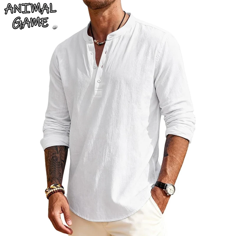 Tierspiel Luxus Herren Baumwollhemden Henley T-Shirts Langarm Casual T-Shirts Solide Tops Hawaiianische Sozialhemden für Männer