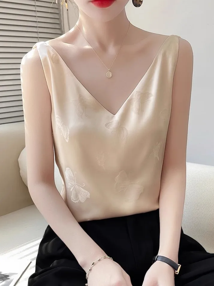 

Silky Strap Vest Women's Suit Inner Satin Ultra Beautiful White round Ne Svel Base irt Summer Top Thin Knot