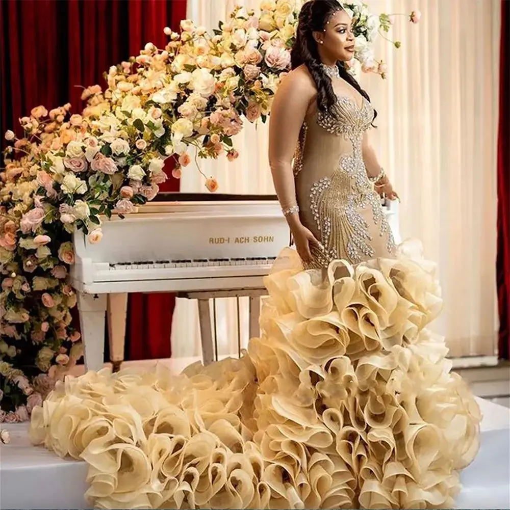 Customized Mermaid Wedding Dresses Cascading Ruffles Tiered Long High Full Sleeves Bridal Gowns Appliques Crystals Vestido