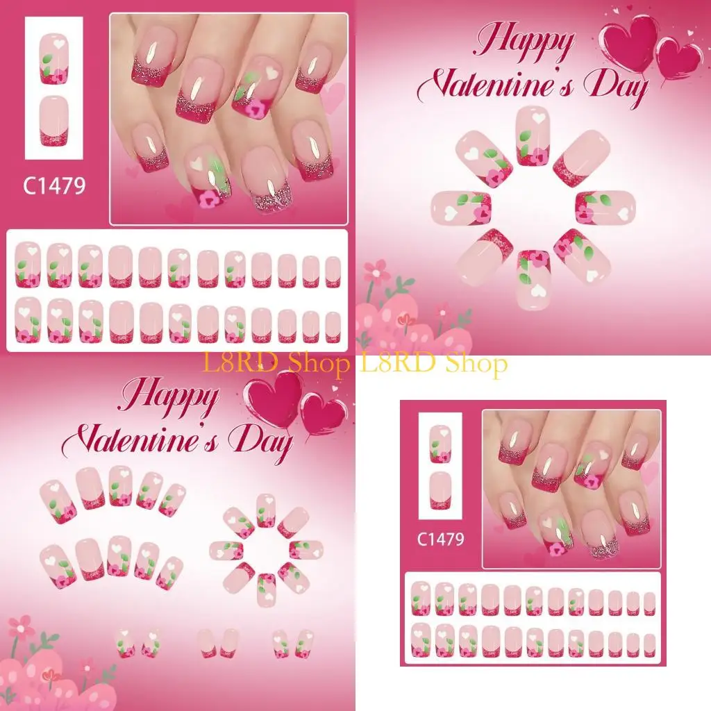 

L8RD 24Pcs Short Press On With Rhinestones Hearts Valentines Gift False
