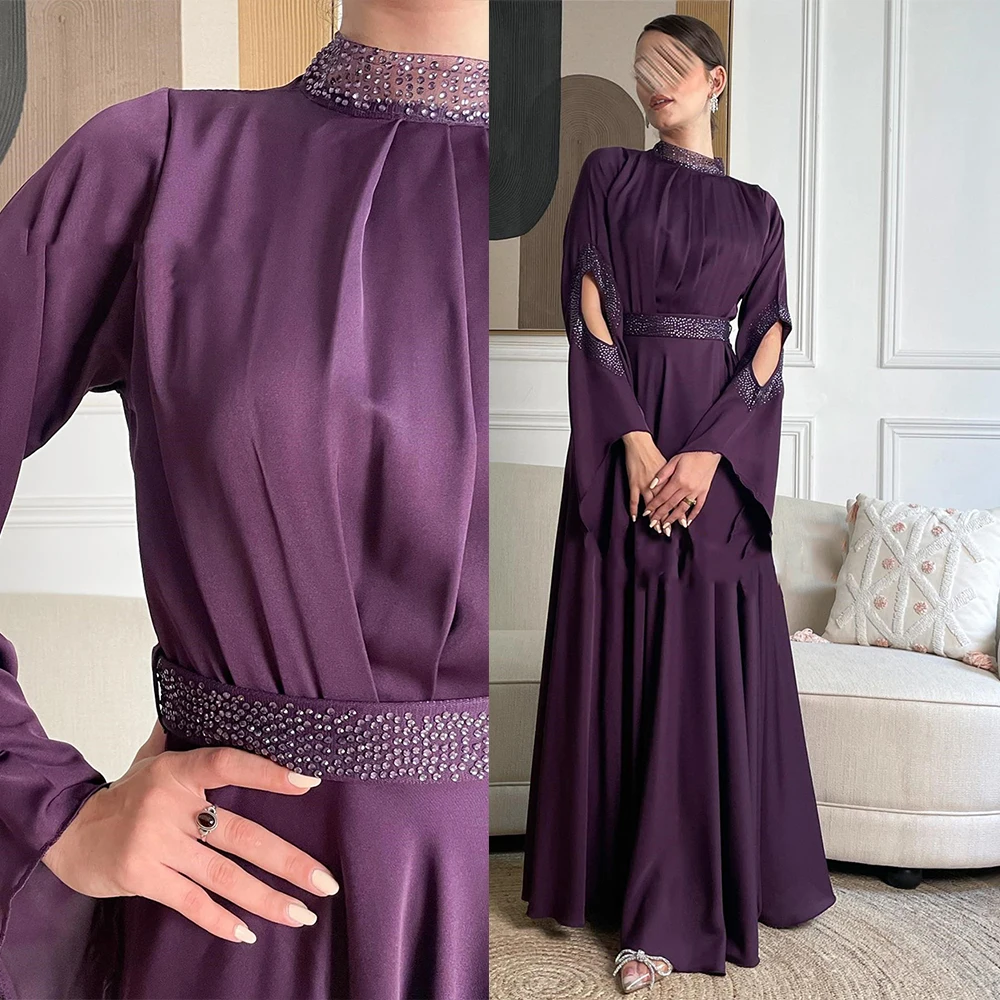 Evening Dresses High Long Sleeve A-line Satin Middle Eastern  Vintage Women Prom Gown Maxi  فساتين مناسبة رسمية