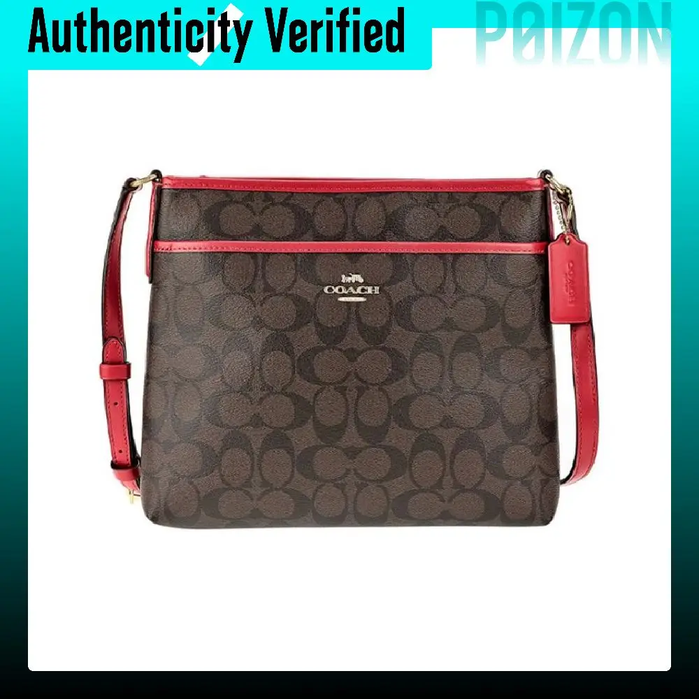 COACH File Classic Monogram Canvas With Leather, Artificial Leather Crossbody Bags Large Unisex Dark Brown & Red 29210-IMEL72