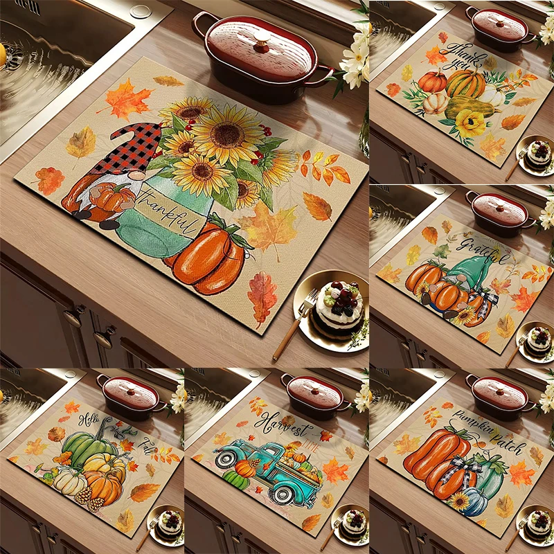 Bar Mat Rubber - Thanksgiving Pumpkin Sunflower Drying Mat Soft