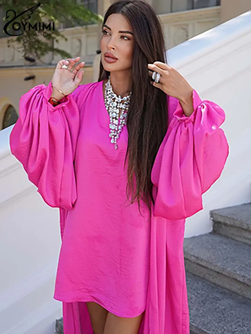 Oymimi elegante rosa escuro solto feminino 2 peças conjunto de roupa casual manga puff sólido tornozelo comprimento robe e decote em v simples topos conjuntos