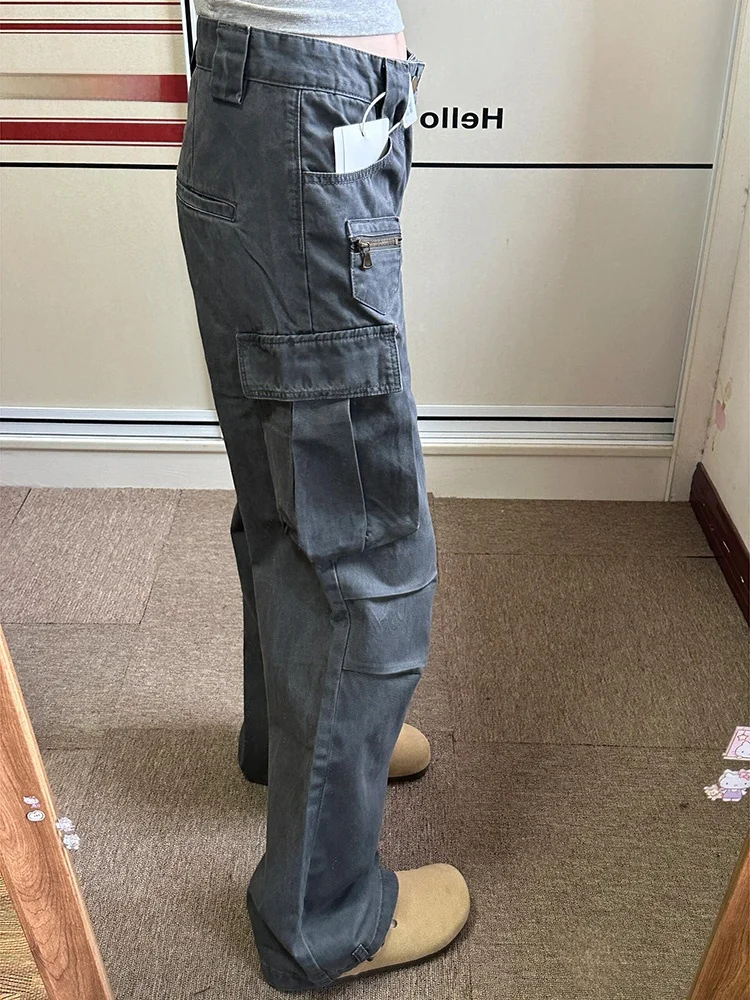 

American Retro ey Multi-ket Workwear Jeans Women's High Waist Dra Straight Leg Floor-Length Wide Leg Pants