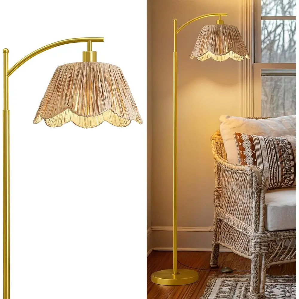 

Boho Style Rattan Floor Lamp with Hand-Woven Shade, Foot Switch, Gold Base & Pole, Ideal for Living Rooms and Bedrooms